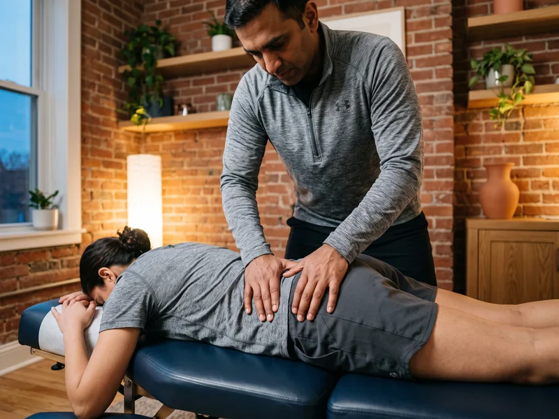 Physical therapist providing hands-on pelvic floor and core assessment for a postpartum patient