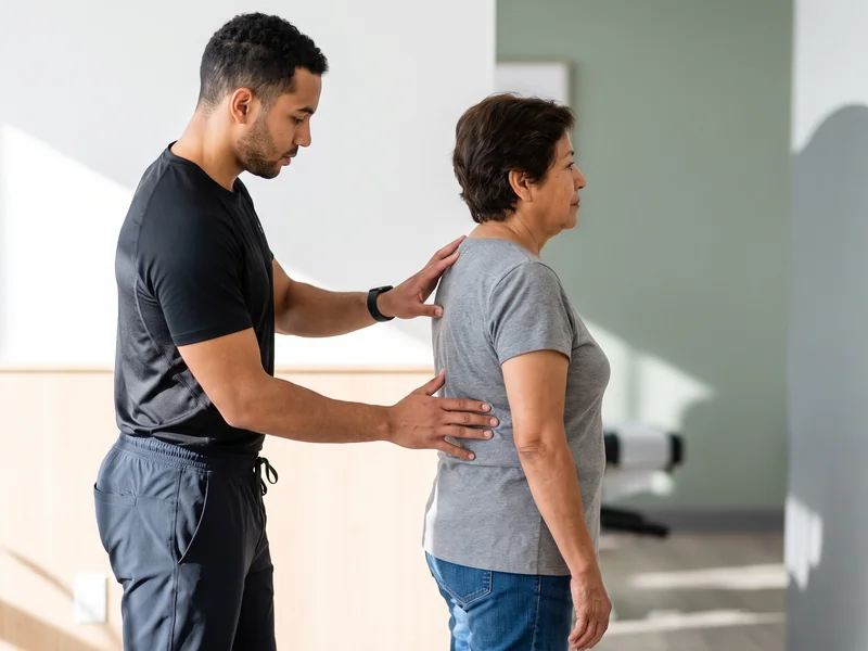 Physical therapist assessing joint stability for a patient with hypermobility