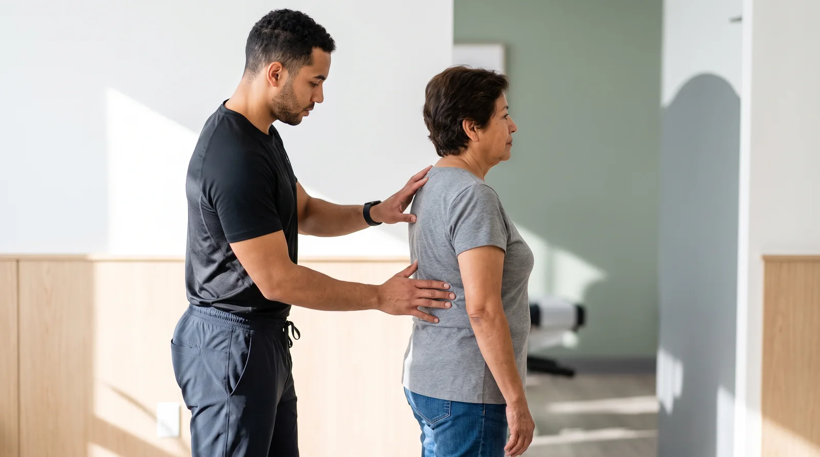 Physical therapist guiding a patient through a hands-on treatment session