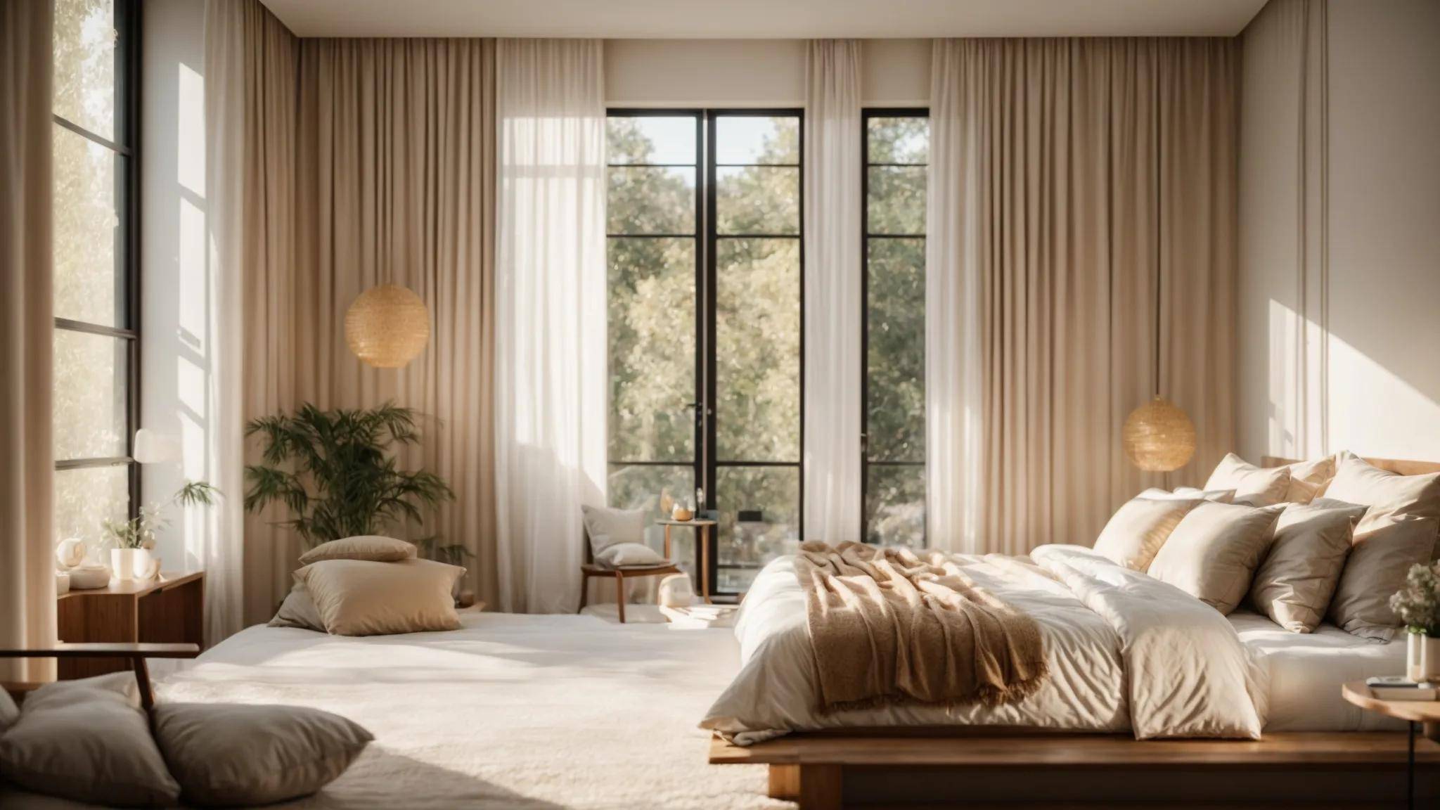 a serene bedroom bathed in soft, golden light, featuring a tranquil atmosphere where a comfortable bed is paired with fluffy pillows and calming decor, symbolizing the ultimate relaxation and the enhancement of sleep quality through physical therapy techniques.