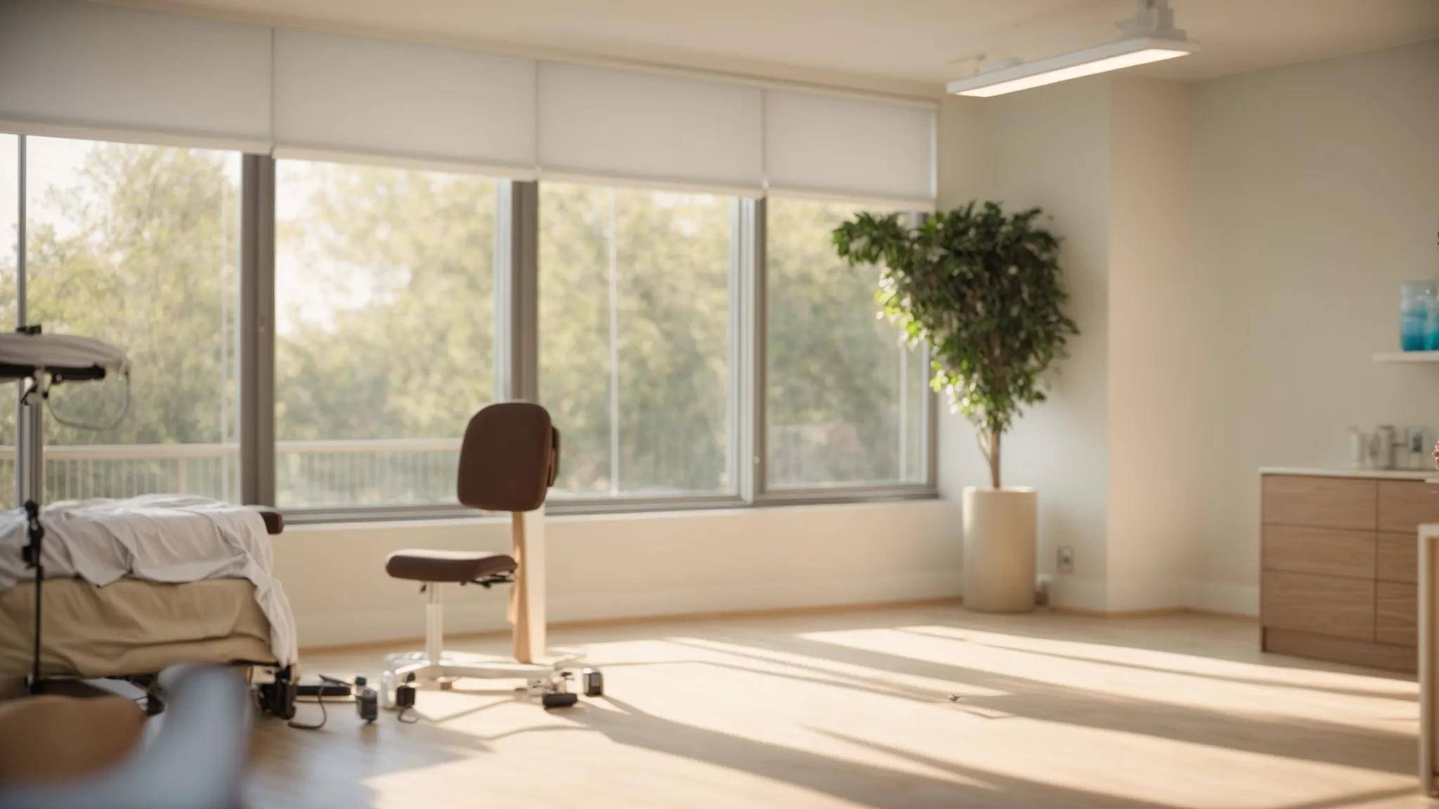 a serene physical therapy room bathed in soft natural light, featuring a confident patient engaging in gentle rehabilitation exercises, symbolizing hope and recovery after joint replacement surgery.