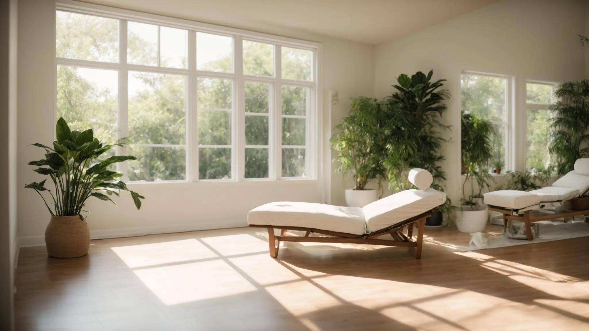 a serene therapy room bathed in soft, natural light showcases a tranquil setting with vibrant greenery, inviting comfort and promoting healing for individuals seeking relief from chronic headaches through physical therapy.